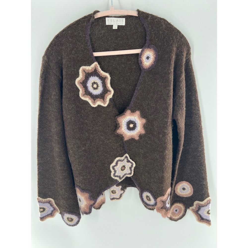 Brown Floral Crochet-Appliqué Women's Cardigan Sweater